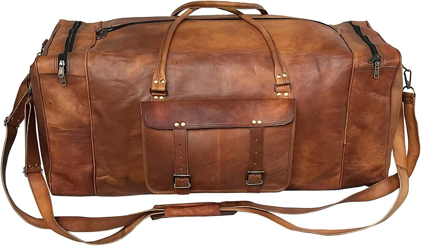 Leather 24 Inch Luggage Handmade Duffel Bag Carryall Weekender Travel Overnight Gym Sports Carry On Duffel Bag For Men And Women