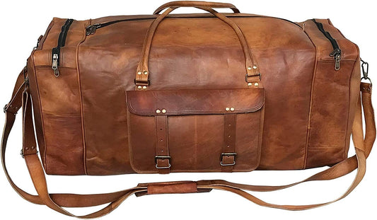 Leather 24 Inch Luggage Handmade Duffel Bag Carryall Weekender Travel Overnight Gym Sports Carry On Duffel Bag For Men And Women