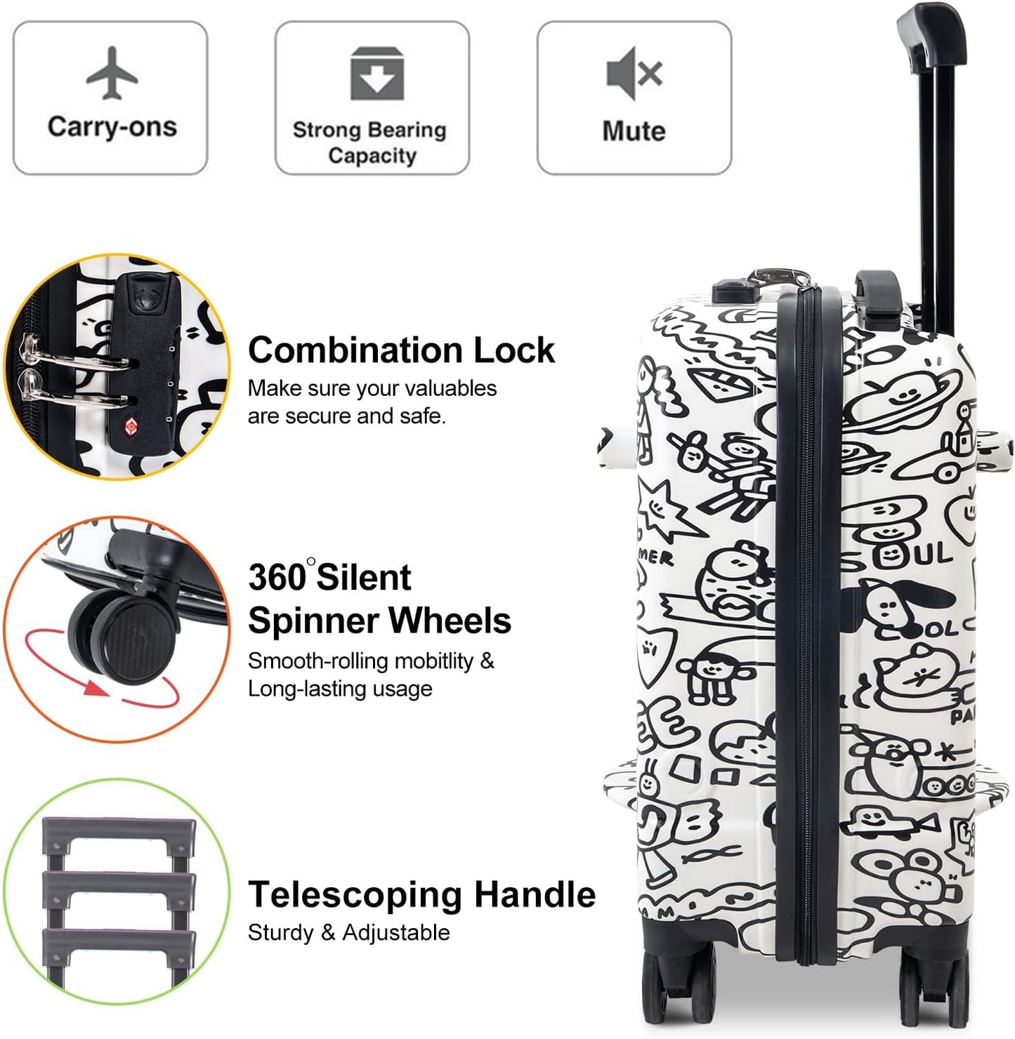 Apelila DIY Coloring Ride On Suitcase for Kids Ages 4-8, 22 Inch Graffiti Rolling Luggage with Spinner Wheels & Safety Belt, Lightweight Travel Checked Suitcase with Combination Lock