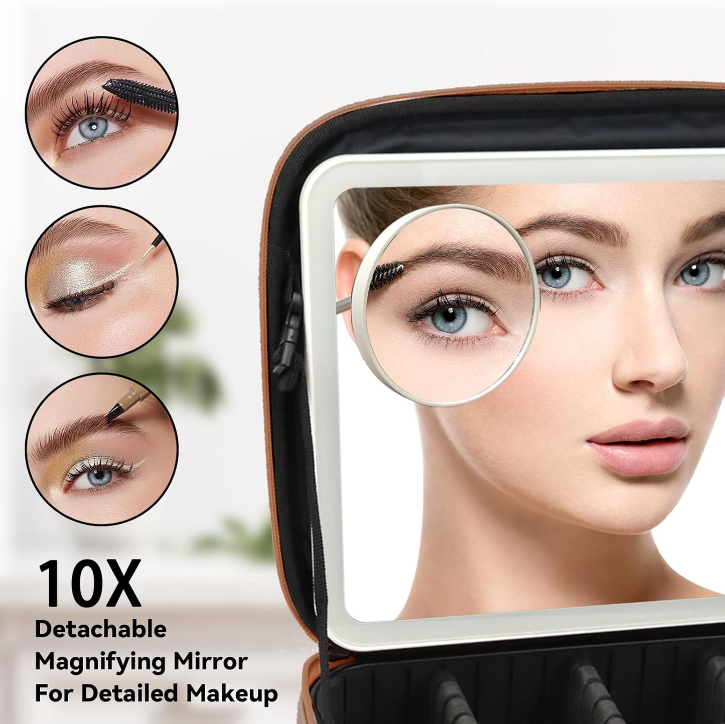 Travel Makeup Bag with LED Mirror and 10x magnifying glass with 3 Lighted Settings, Adjustable Dividers and Makeup Brush Storage Bag Caramel
