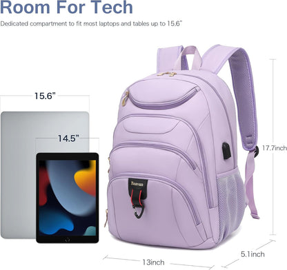 Boavan Laptop Backpack for women, 15.6inch Laptop Bag with USB Port, Waterproof Travel Work Backpack Purse, Anti-Theft Teacher Nurse Doctor Casual Bookbags Office Business backpack，Purple