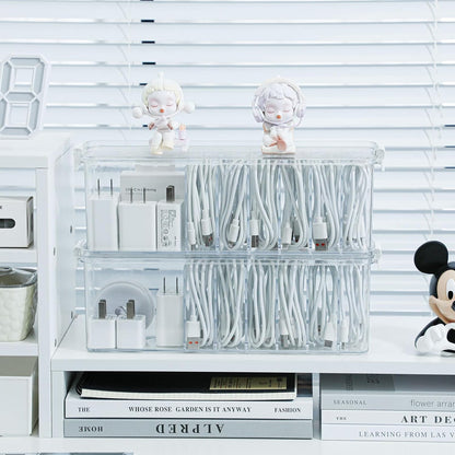Yesesion 2 Pack Cord Organizer Box with Lid, Clear Desk Drawer Accessories Storage Case for Home Office Supplies, Art Crafts, Phone Charger, USB Cables, Marker Pen, Pencil Holder