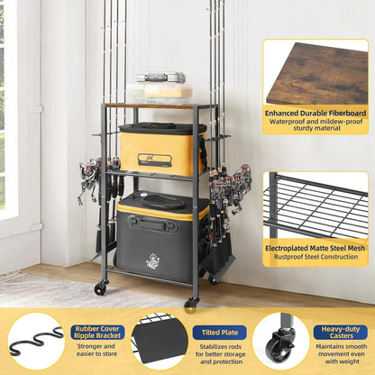 Olakee Fishing Rod Holder, Fishing Pole Holders for Garage Boat Home Entryway Fishing Gear Storage with Tackle Cart Ideal Gift for Men Dad Anglers Corner Design for Rods and Equipment Organizers