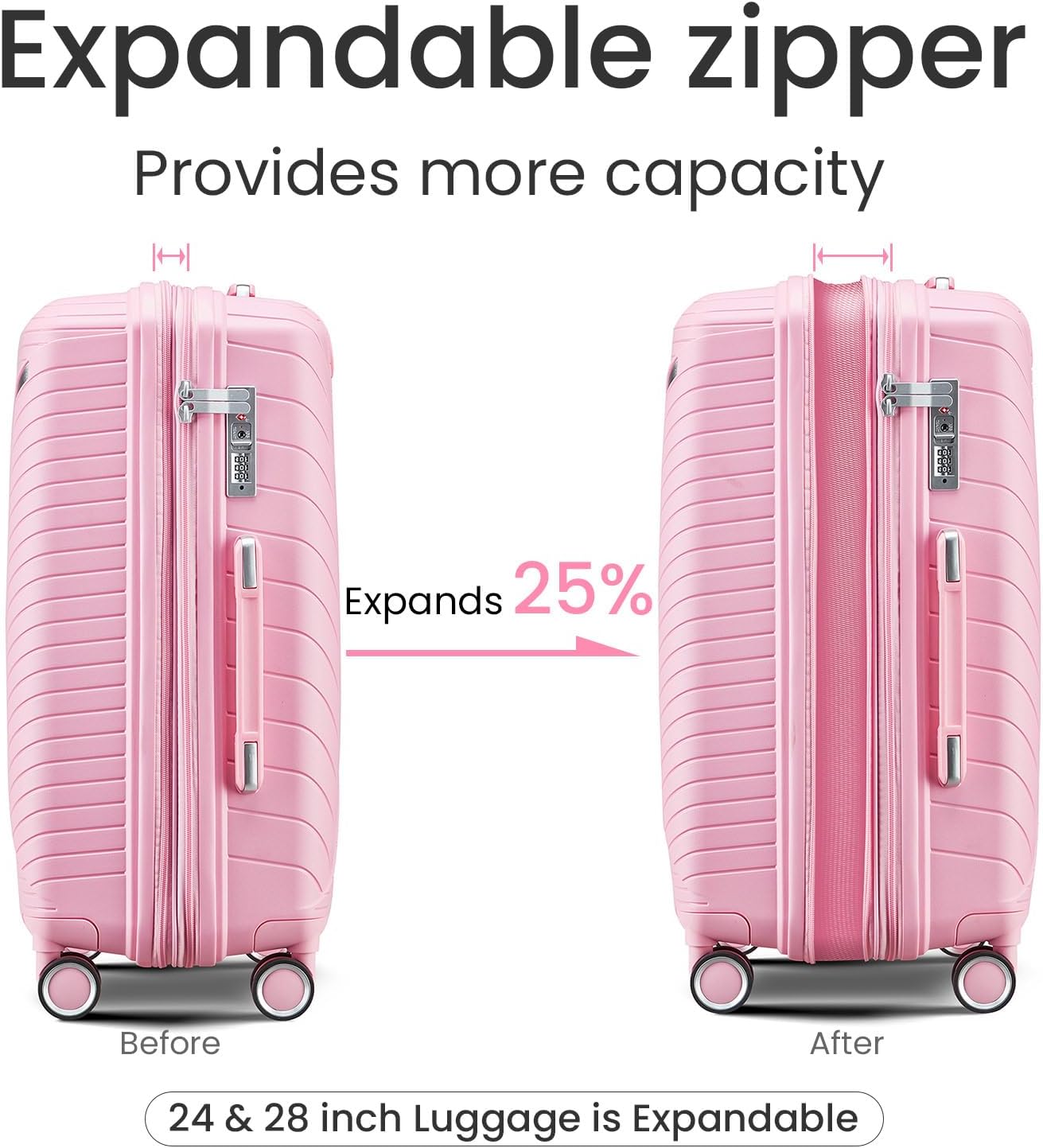 Campfun Luggage 4 Piece Sets, Expandable Carry On Luggage Set Hardshell PP, Suitcase Set with Double Spinner Wheels, Checked Durable Lightweight with TSA Lock, 14in 20in 24in 28in-Pink(B)