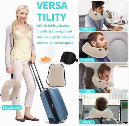 Inflatable Travel Neck Pillow for Airplane, Head Support Velvet Adult Neck Pillow for Long Flight, Kit with Eye Mask, Earplugs and Storage Bag,1, Beige
