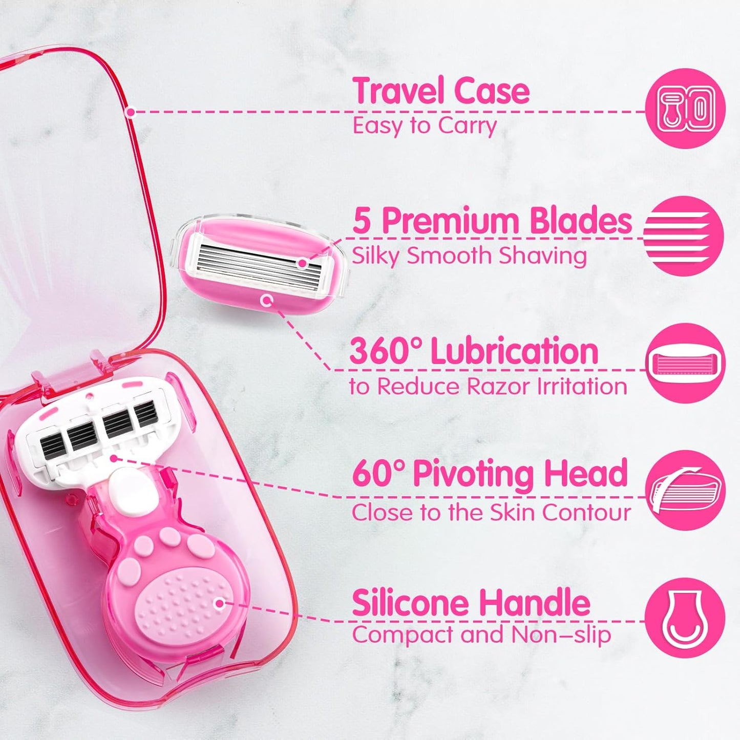 DreamGenius Travel Razors for Women, Travel Size Toiletries Include 1 Handle and 2 Cartridges, Extra Smooth 5-Blade Travel Essentials Razor with Case for Shaving, Pink
