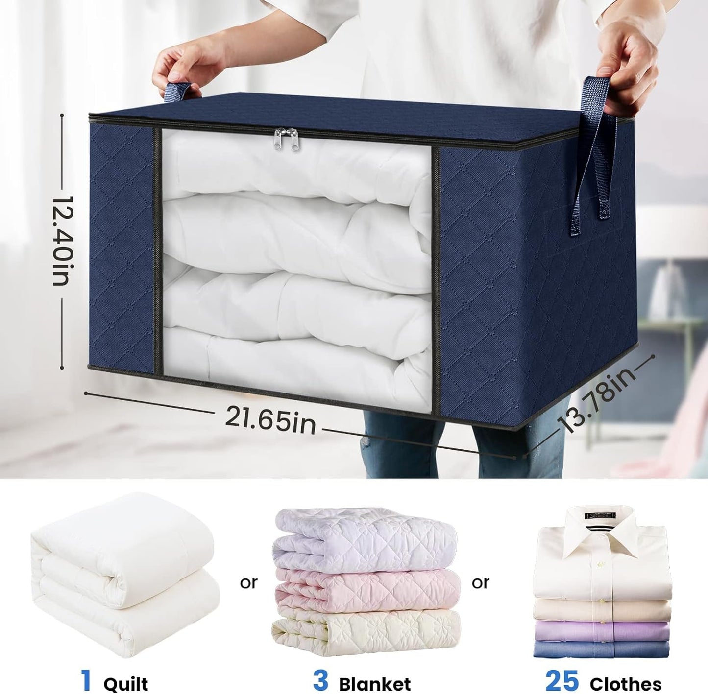 Fab totes 3 Pack Clothes Storage, Foldable Thick Fabric Blanket Storage Bags, Containers for Organizing Bedroom, Closet, Clothing, Comforter,Closet Organization with Handle,Blue