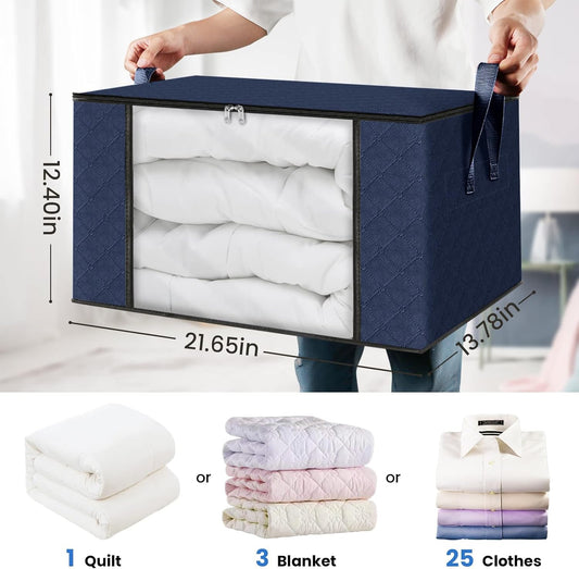 Fab totes 4 Pack Clothes Storage, Foldable Thick Fabric Blanket Storage Bags, Containers for Organizing Bedroom, Closet, Clothing, Comforter,Closet Organization with Handle,Blue