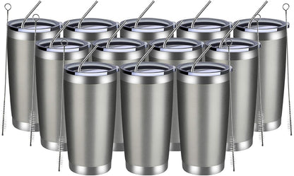 MEWAY 20oz Tumbler 12 Pack Double Wall Vacuum Insulated Travel Mug Bulk, Stainless Steel Tumblers with Lid and Straw, Durable Powder Coated Coffee Cups for Cold & Hot Drinks (Cold Gray, 12)