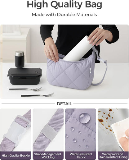 Insulated Lunch Bag for Women, Quilted Reusable Lunch Box with Adjustable Strap, Waterproof Cute Puffy Bento Tote, Stylish Cooler Bag for Work, Picnic or Travel, Light Purple