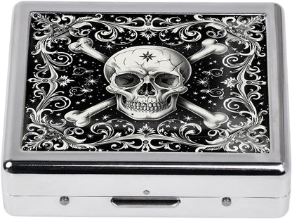 Cute and Stylish Metal Pill Box - Compact Portable Pill Organizer with 8 Compartments, Food-Grade Divider, Ideal for Travel, Vitamins, Jewelry, Cosmetics (Crossbones Starlight)