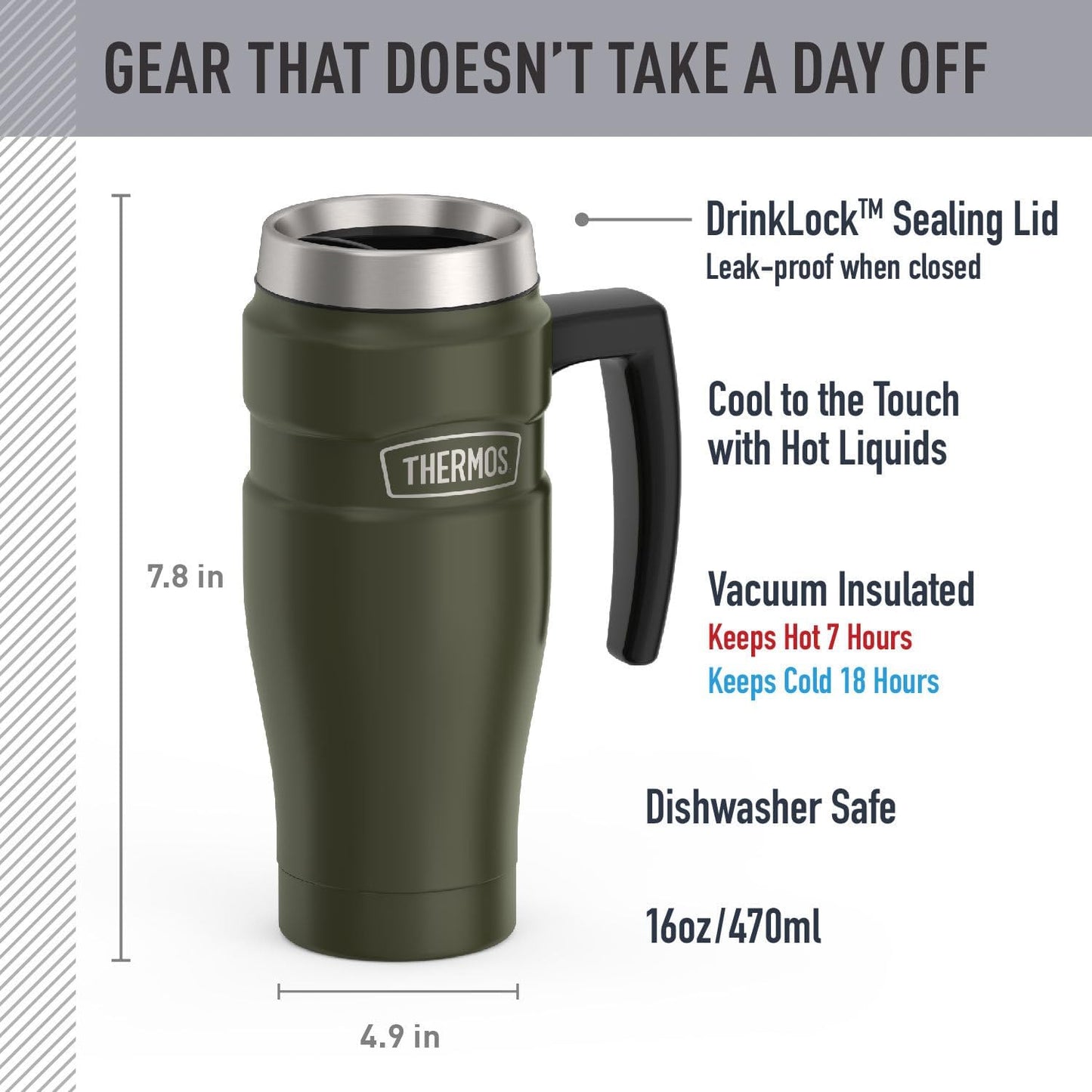THERMOS Stainless King Vacuum-Insulated Travel Mug, 16 Ounce, Army Green