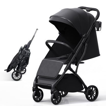 newyoo Lightweight Baby Travel Stroller, Compact Toddler Strollers w Telescoping Handle, Cup Holder & Storage Pocket, One-Hand Quick Fold, Near Flat Recline Seat, TR18, Black