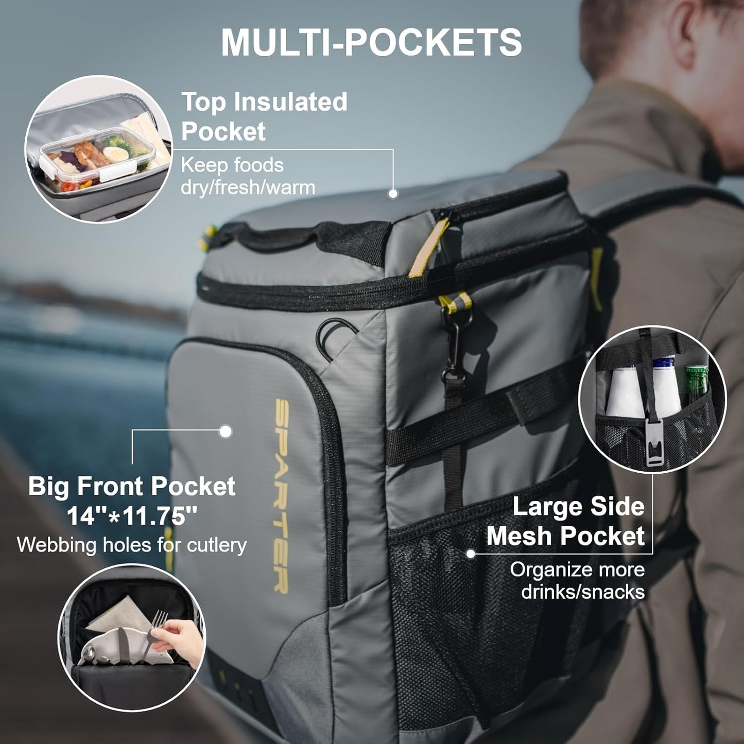SPARTER Backpack Cooler Insulated Leak Proof 33/49 Cans, 2 Insulated Compartments Thermal Bag, Portable Lightweight Beach Travel Camping Lunch Backpack for Men and Women