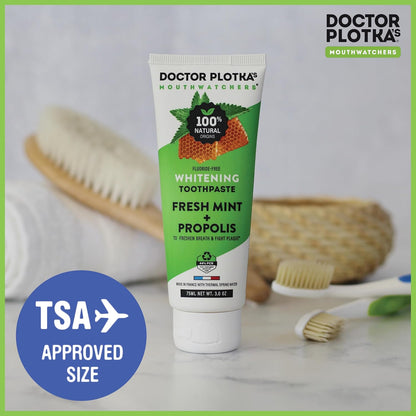 MOUTHWATCHERS Whitening Fluoride Free Naturally Sourced Toothpaste, 4 Tubes, 3 oz Each, for Sensitive Teeth and Gums, Fresh Organic Mint and Propolis, by Dr. Plotka's