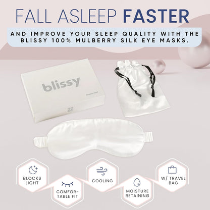 Blissy Silk Sleep Mask - Silk Eye Sleeping Mask for Women & Men for Total Blackout - 100% Pure Mulberry Silk, 22 Momme 6a Fibers - Blindfold Silk Sleep Mask Side Sleeper Eye Cover (White)