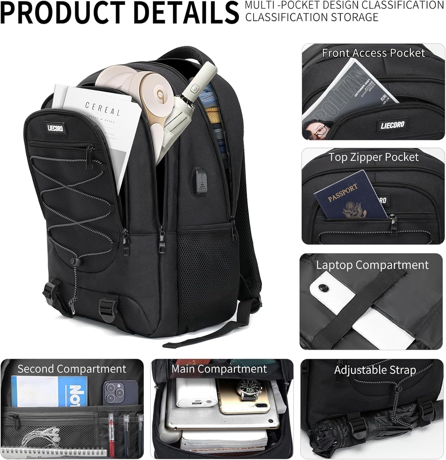 Black Backpack for Men, Backpack for School, School Backpacks for Boys Teens, 15.6 inch Laptop Back Pack with USB Charging Port, Large College Book Bag, Business Work Travel Bookbag
