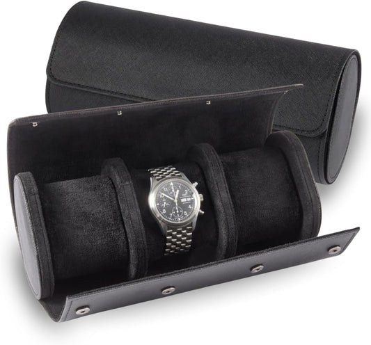Bey-Berk Milani Leather Watch Roll - Luxury 3 Watch Travel Case for Men, Women, Genuine Leather with Soft Velour Lining and Snap Closure - Black