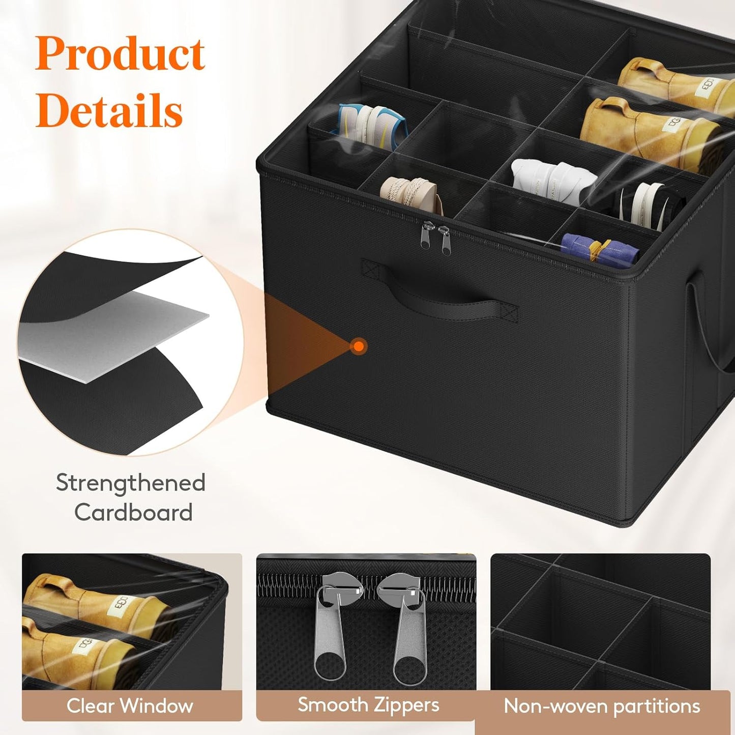 Lifewit Shoe Storage Organizer for Closet, Fits 12-16 Pairs, Large Shoe Box Storage Containers with Clear Cover and Reinforced Handles, Foldable Storage Bins Fit for Boots Heels Sneakers, 3 Pack Black