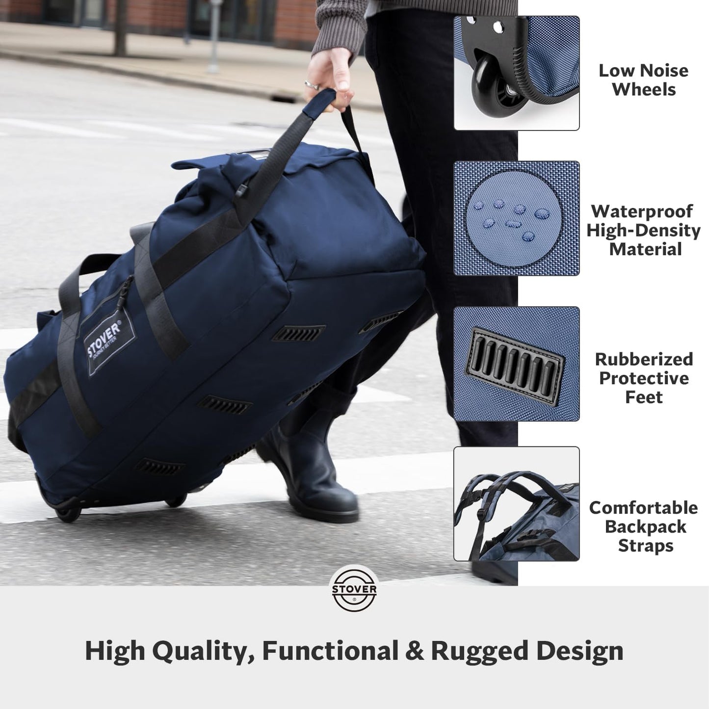 STOVER 80L Rolling Duffel Bag with Wheels, Large 31 Inch Durable Travel Duffle + Toiletry Bag, Heavy Duty, Packable, Foldable w/Shoulder Straps- Use as Luggage or Backpack, Men/Women (Blue)