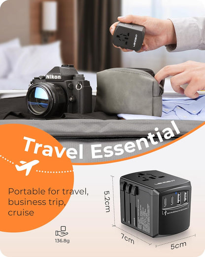 LENCENT Universal Travel Power Adapter, International AC Plug Adaptor with 2 USB C 2 USB A Ports Wall Charger Worldwide Travel Essentials for US to EU UK Ireland Australia (Type C/G/A/I) Black