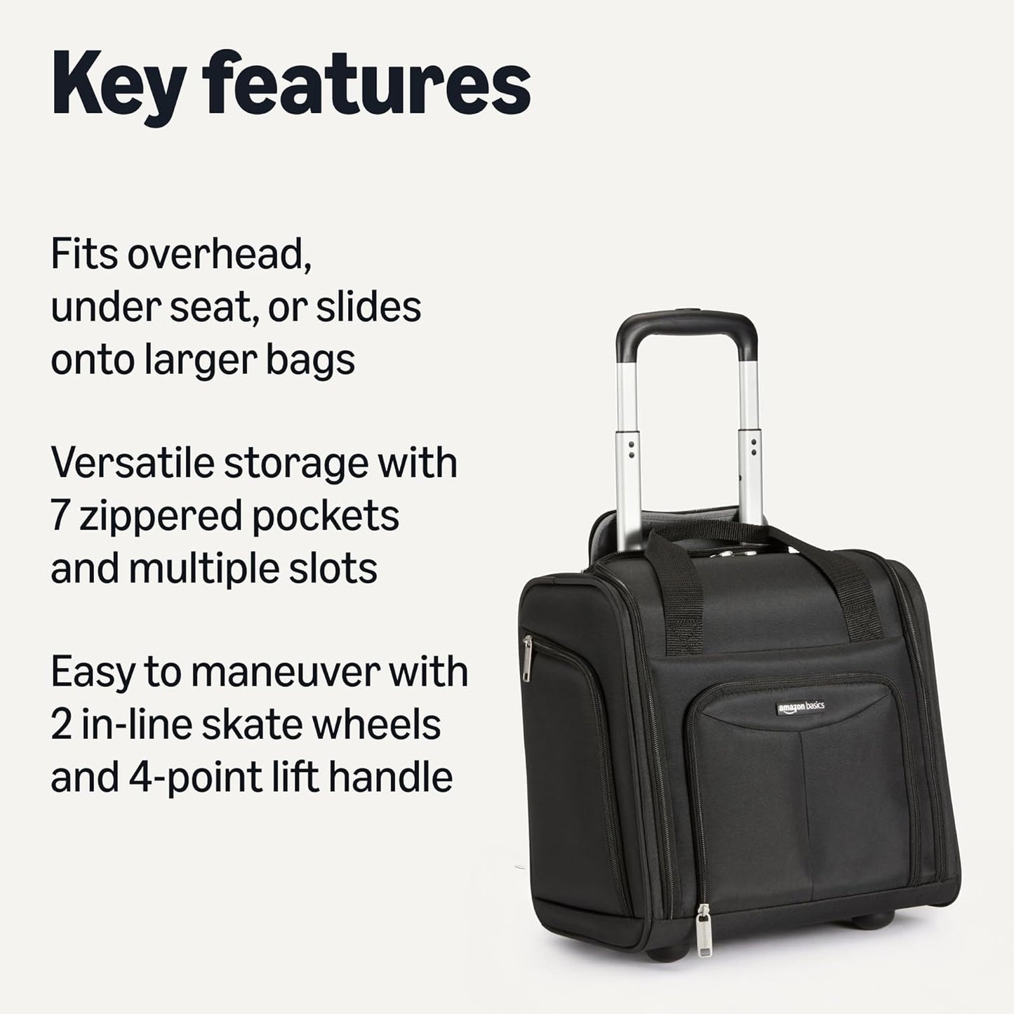 Amazon Basics Underseat Carry On Luggage with Wheels - 14" Rolling Travel Bag, Black
