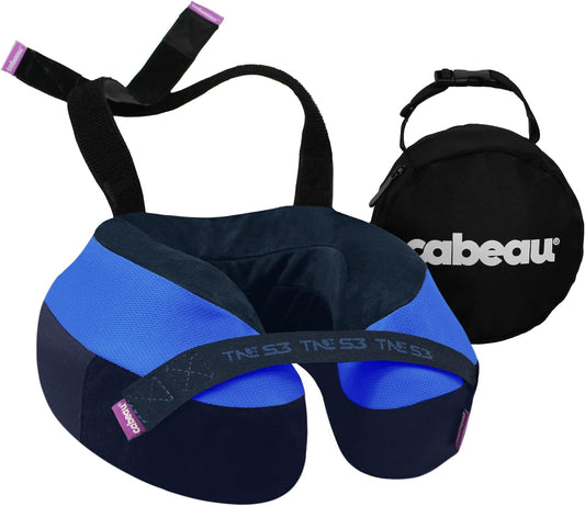 Cabeau Travel Neck Pillows for Airplanes – The Neck’s Evolution, TNE S3 – Supportive Memory Foam Design for Long Haul Flights – Attachable Seat Straps and 360° Support (Sydney Blue)