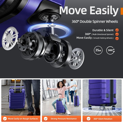 SHOWKOO Luggage Sets Expandable PC+ABS Durable Suitcase Sets Double Wheels TSA Lock 4 Piece Luggage Set Royal Blue