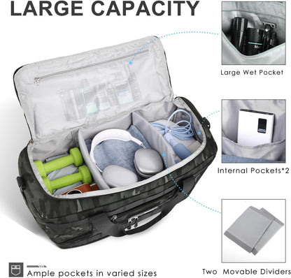 ETRONIK Travel Bag for Men Women, Gym Bag & Tactical Duffle Bags for Travel, Carry on with Toiletry Bag and Shoe Compartment, Weekender Overnight Trip with Wet Pocket for Workout Medical, Black Camo