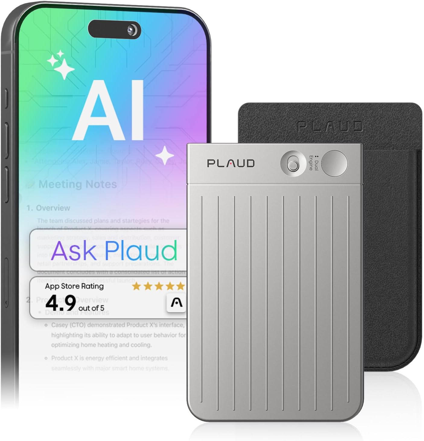 AI Voice Recorder, Note Voice Recorder w/Case, App Control, Transcribe & Summarize with AI Technology, Support 112 Languages, 64GB Memory, Audio Recorder for Lectures, Meetings, Calls, Silver