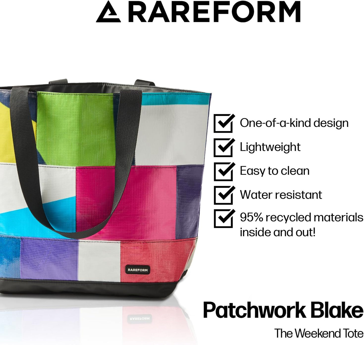 Rareform Large Zippered Blake Tote Bag | One-of-a-Kind, Water-Resistant, Recycled Billboard Vinyl | Color and Pattern Vary