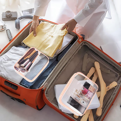 4Pcs Crystal Clear PVC Travel Toiletry Bag Kit for Women Men, Waterproof Vinyl Packing Organizer Storage Bags with Zipper Handle Straps, Cosmetic Pouch Carry on Airport Airline Compliant Bag Handbag
