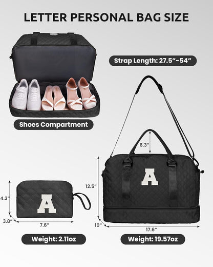 Gifts for Grandma-Initial Duffle Bag with Shoe Compartment, Personalized Weekender Bag, Monogram Overnight Bag, Letter Travel Bag with Makeup Bag，Daughter Friend Gifts (Letter P), Black