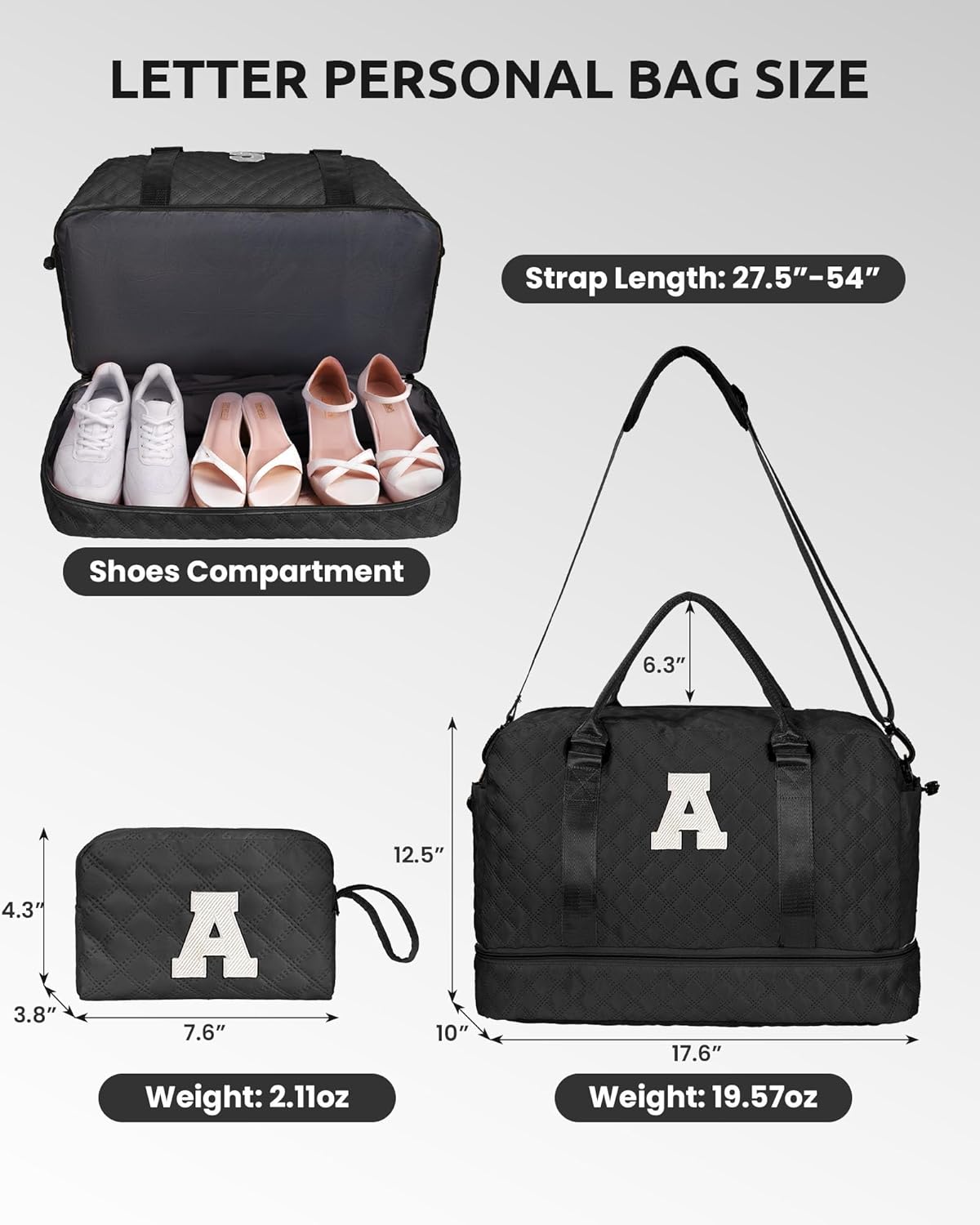 Granddaughter Gifts-Initial Duffle Bag with Shoe Compartment, Personalized Weekender Bag, Overnight Bag, Letter Travel Bag with Makeup Bag，Birthday Gift Graduation Gifts for Her (Letter T)