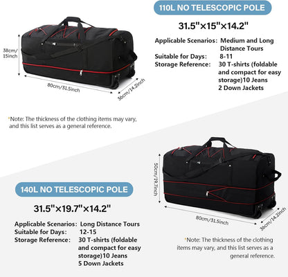 Rolling Duffle Bag with Wheels,110L/140L Expandable Soft-Sided Foldable Duffle Bag with 2 Rubber Wheels,Packable 32” Rolling Carry-On with Multi-Pockets & Compartments (Black Red)