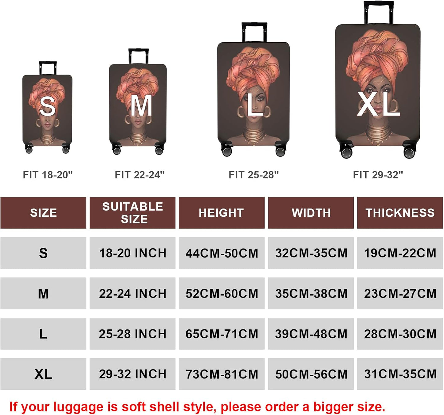WUJIAONIAO Travel Luggage Cover Baggage Suitcase Cover Protector Skins 18-32 Inch (Brown A10, M (for 22-24 inch luggage))