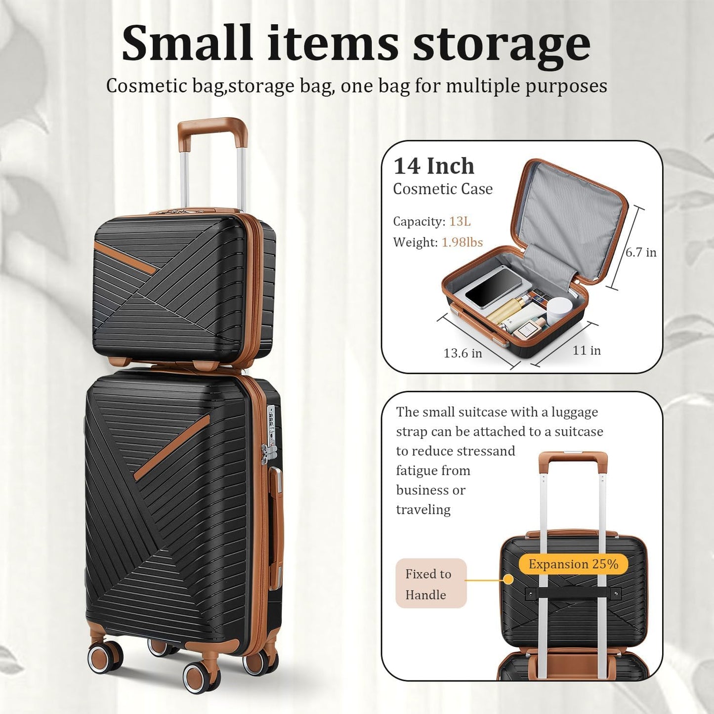 Campfun Luggage 4 Piece Sets, Expandable Carry On Luggage Set Hardshell PP, Suitcase Set with Double Spinner Wheels, Checked Durable Lightweight with TSA Lock, 14in 20in 24in 28in-Black Brown(B)