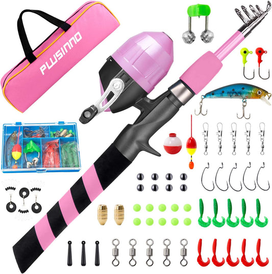 PLUSINNO Kids Fishing Pole, Portable Telescopic Fishing Rod and Reel Combo Kit - with Spincast Fishing Reel Tackle Box for Boys, Girls, Youth