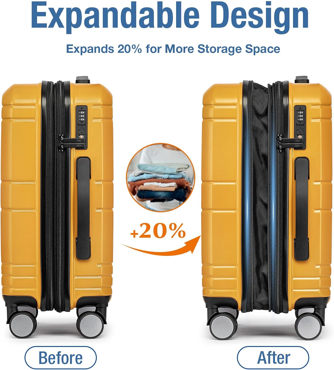 KYME Carry On Luggage 22x14x9 Airline Approved with TSA Lock Hard Shell Carry On Suitcase Lightweight Suitcases with Wheels Small Luggage for Men Women,Carry-On 20 Inch,Yellow