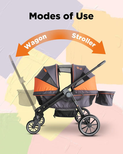 Tandem Wagon Stroller – All-Terrain 2-in-1 Push & Pull Design, Double Seat, Large Storage, Adjustable Canopy, Removable Child Tray for Kids Outdoor Adventures & Family Outings