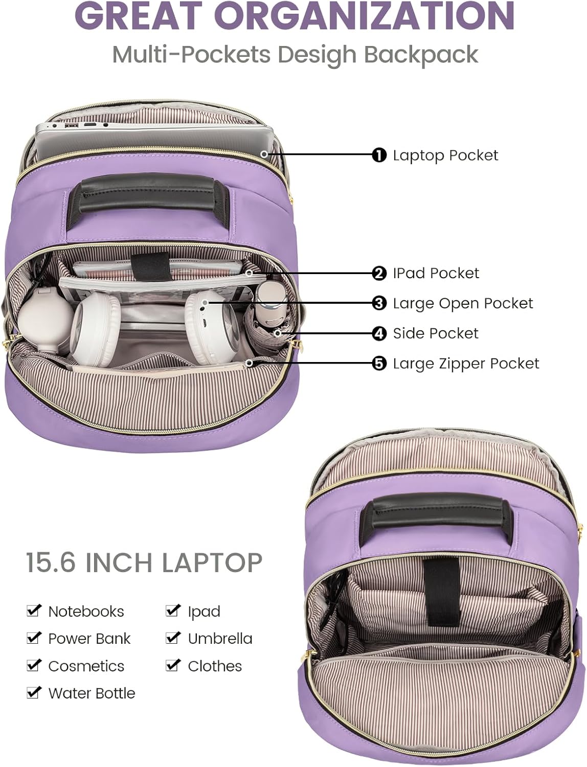 LOVEVOOK Laptop Backpack Purse for Women, Work Travel Computer Bags, College School Backpack for Student Girl, Quilted Casual Daypack with USB Port, Fit 15.6 Inch Laptop, Purple