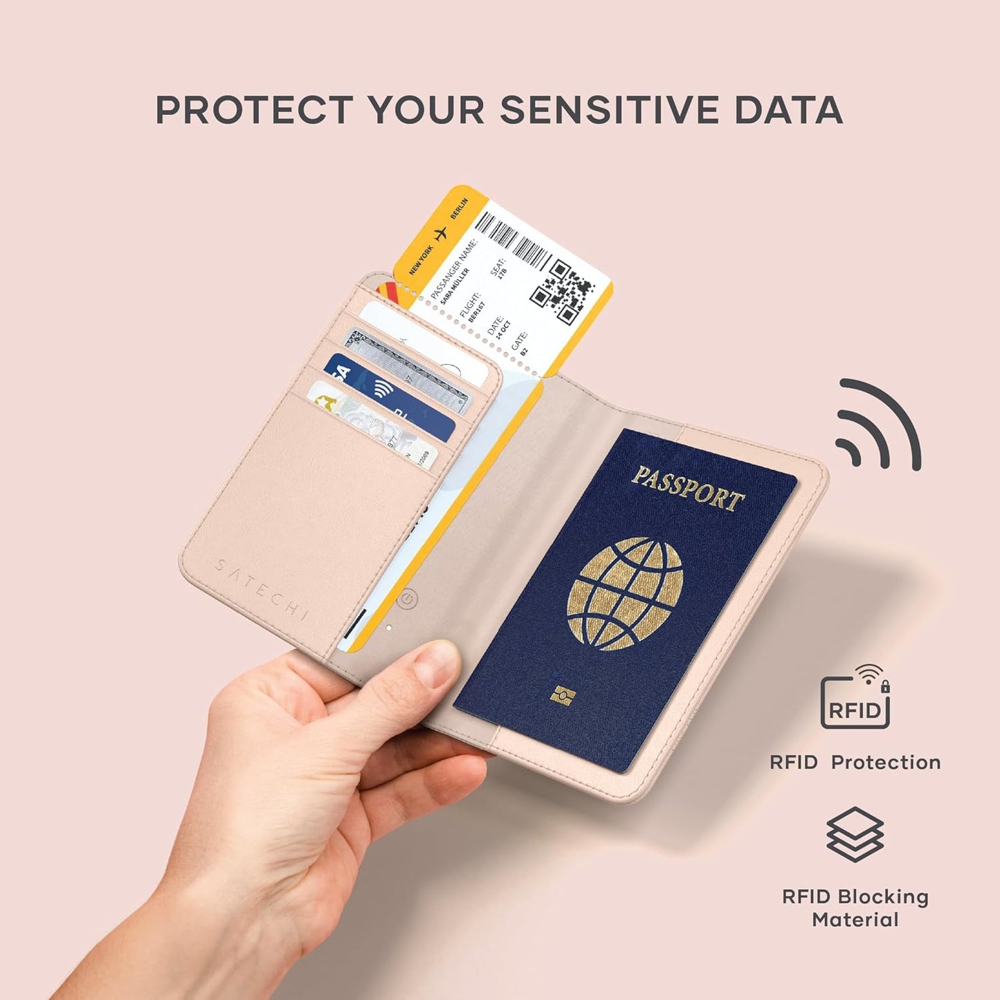 Satechi Passport Holder for Travel with Find My, Passport Cover with 4 Card Holder, Wireless Charging, and RFID protection – Travel Essential Vegan Leather Passport – Desert Rose