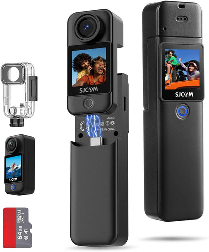 SJCAM C300 Pocket Action Camera 4K,7Hour Power, 6-Axis Stabilization, Dual-Touch Screen Body Camera,30M Waterproof,Vlogging and YouTube Live Streaming,with Accessories Kits,Black,Gifts with 64G Card