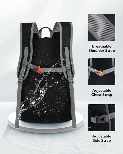 WATERFLY Hiking Foldable Daypack Backpack: 25L Ultra Lightweight Packable Waterproof Outdoor Travel Day Pack for Woman Man