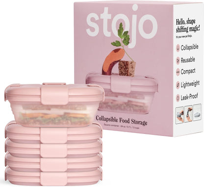 STOJO Collapsible Sandwich Box – 24oz, Reusable Food Storage Container, Silicone Bowl for Hot/Cold Food – Meal Prep, Lunch, Camping, Hiking – Dishwasher Safe (Set of 5, Translucent Carnation)