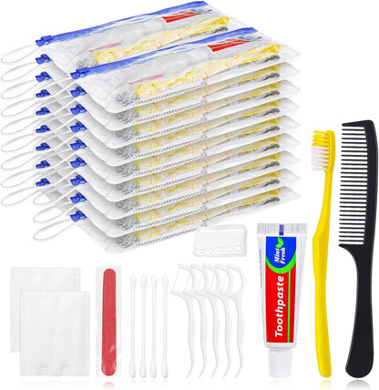 Personal Hygiene Kit Bulk Pack of 30,Yellow Disposable Toothbrushes with Toothpaste Floss Comb Cover and Hotel Vanity Set Basic Travel Toiletry Kit Supplies for Homeless,Charity,Guests