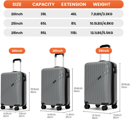 GinzaTravel Luggage Sets 3-Piece Expandable Suitcases with Wheels PC+ABS Durable Hardside Luggage sets TSA lock (3-Piece Set(20"/25"/29"), Dark Gray)