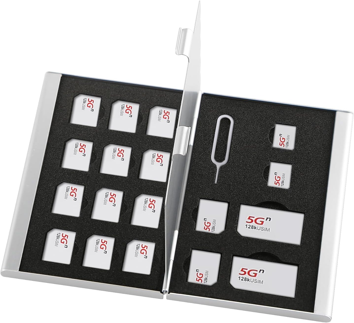 Aluminum SIM Card Case, 19Slots Ultrathin SIM Card Holder, Fit for 2 SIM Card, 14 Micro sim Card, 2 Nano sim Card and 1 Cell Phone Eject Pin Slots, Silver