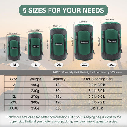 GOLDCAMP Compression Sack, 40% More Storage! 18L/30L/43L/49L/65L Compression Stuff Sack, Waterproof & Ultralight Sleeping Bag Stuff Sack - Space Saving Gear for Camping, Hiking (Green, L)
