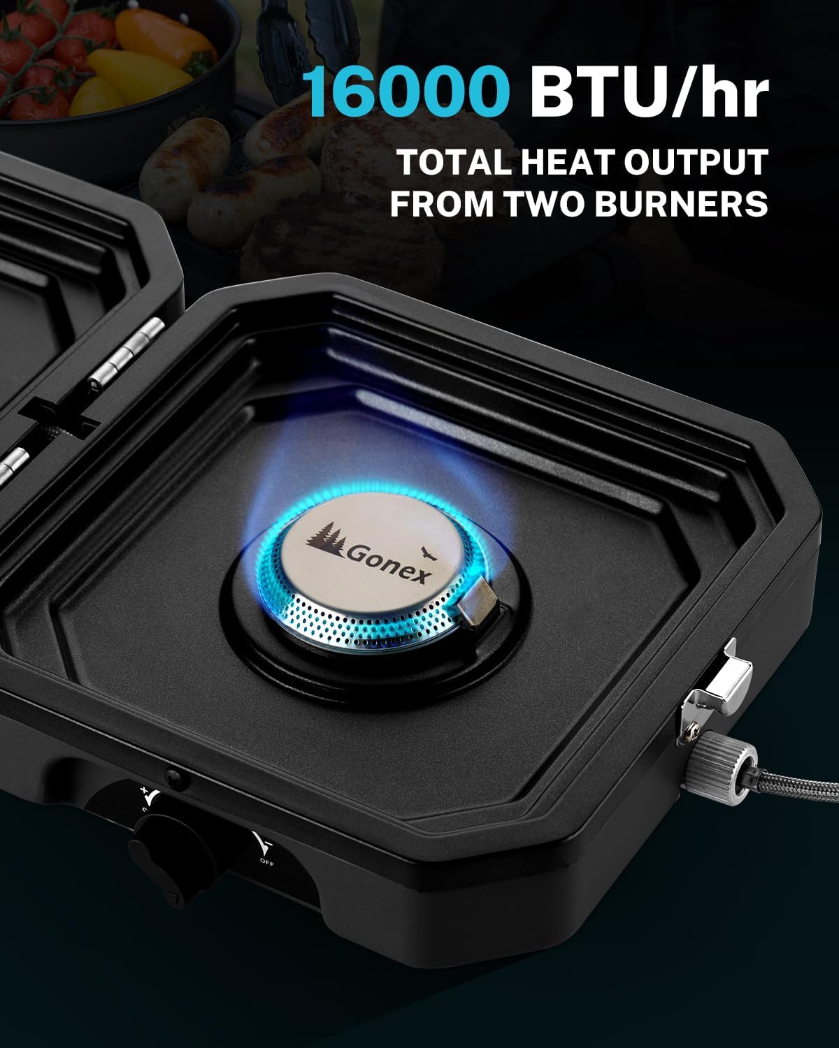 Gonex 2 Burner Propane Camping Stove with Griddle & Grates, Portable Foldable Cooking Stove with Total 16,000 BTU, Two Piezo Ignition Adjustable Burners for Camping, Patio, Emergency, Hiking (Black)